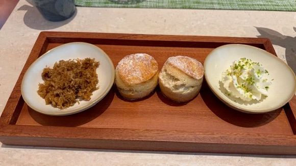 Afternoon tea (2-4pm) scones with coconut shavings and whipped cream