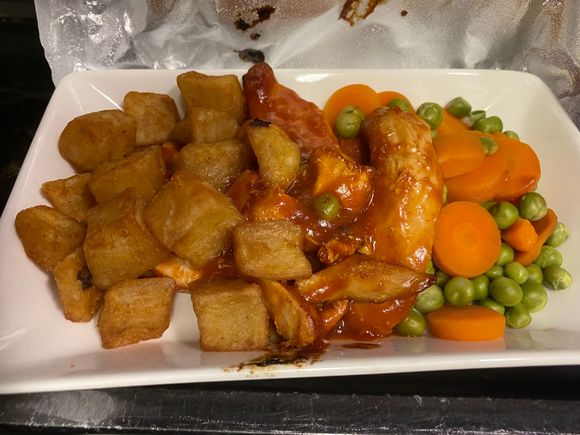 CHML: BBQ chicken, potatoes, peas and carrots