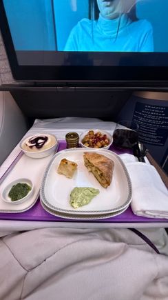 Mid-flight snack. I won’t lie, I was quite annoyed that the cabin lights were turned on as the second meal was served mid-flight. I’m a fan of big meal followed by lights off with a light mid-flight snack with lights on and a second, full meal a couple of hours before landing. Timing complaints aside, the meal was just average at best. Definitely not good enough to wake up for!