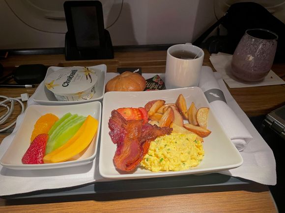 Not a bad single-tray breakfast presentation, and the fresh fruit and berry smoothie were the highlights...