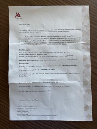Check in letter for the Marriott Budapest