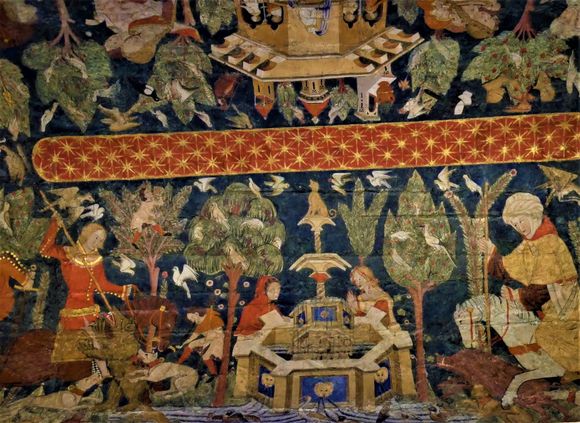 Gothic inspiration and chivalrous scences showing virtues of sacrifie, courage and generosity. - Hall of the Kings.