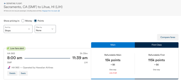 Departure time with Points search