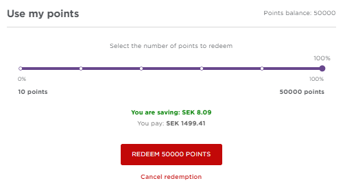 Value for 50,000 points = 8.09 SEK = 0.74 EUR.