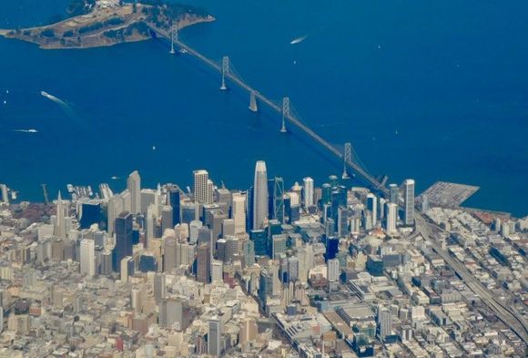 Bay Bridge and downtown San Francisco. PDX-SFO.