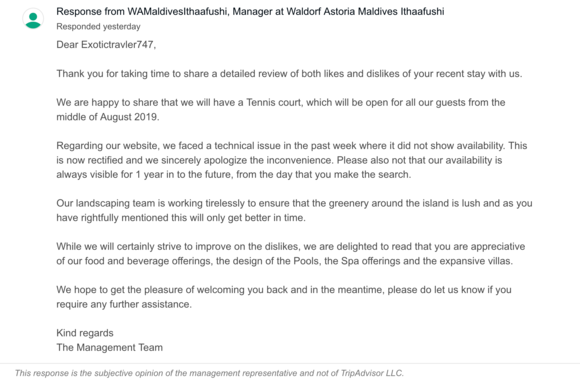 took a look at TA. And found that they responded to the 3 star review. I wonder where the tennis court will be? 