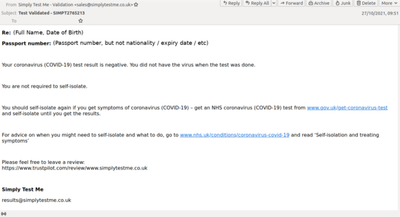 SimplyTestMe result email