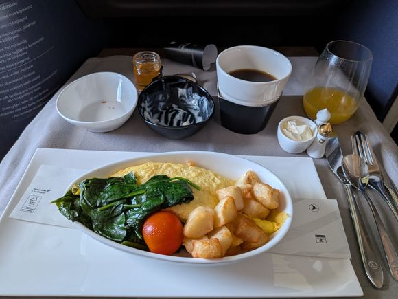 Omelette was a bit rubbery side but acceptable. The potatoes however were downright atrocious. The worst I've had anywhere. They had a buttery flavor but they were drier than actual cardboard. This was the only food item I was served that I couldn't even eat half of (I do not like to waste food, especially on flights, so if I don't finish something it's pretty bad).