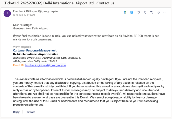 Email from Delhi airport confirming vaccination certificates from India are enough to enter India.