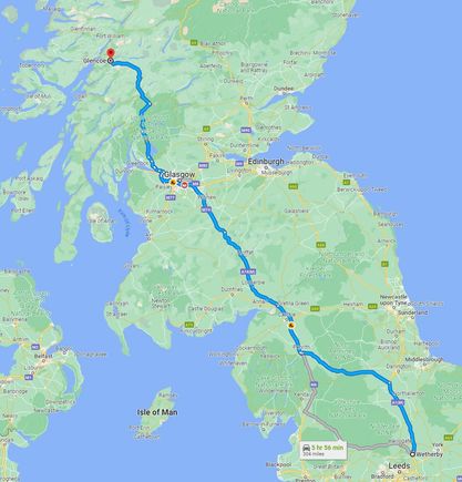 The route from Wetherby, England to Glencoe, Scotland