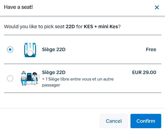 Screenshot of vacant seat offer