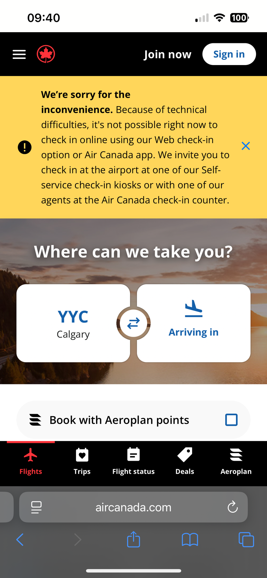 Noticed I couldn�t do OLCI through the app. Checked the ac website and this message popped up. Seems like an ac-wide issue. 