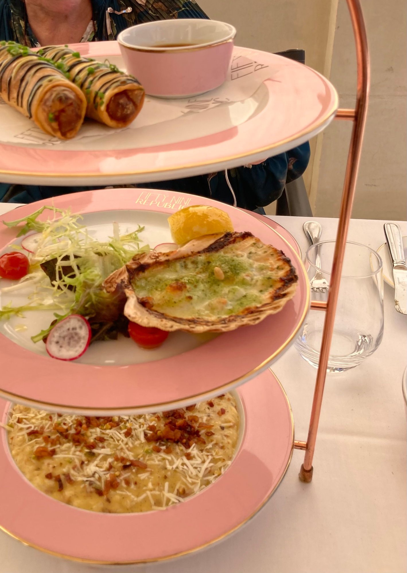 Lobster spring rolls, Scottish scallops, and carbonara risotto