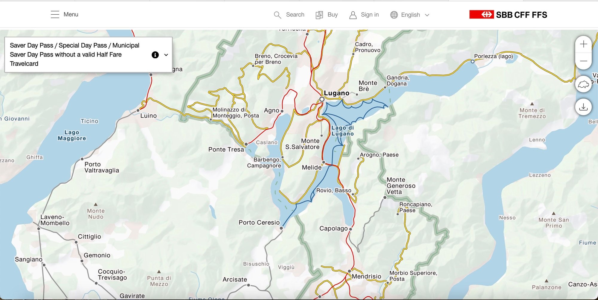 Saver Day Pass validity map for Lugano environs