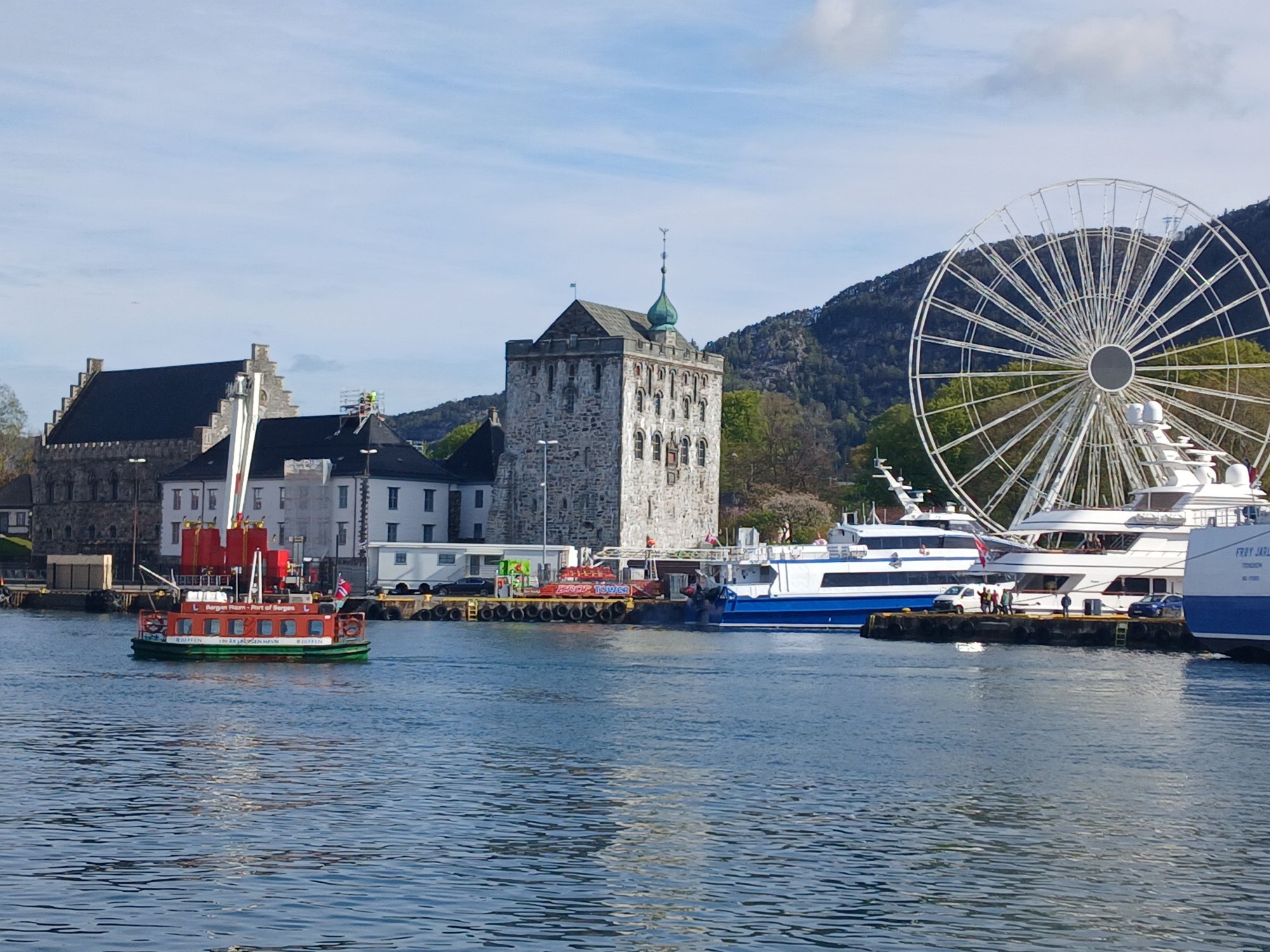 Bergen fortress, viewed from across the harbour. The ferris wheel was new, possible ahead of the forhtcoming Constituino Day celebrations