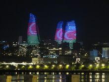 Flame Towers at Night, Lit in Azerbaijan’s National Colors