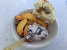 Yogurt, fruit, bread with honey