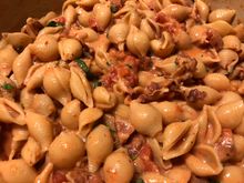 
Rainy day pasta:  tomato basil cream sauce with pancetta and onions and a touch of red balsamic vinegar.
