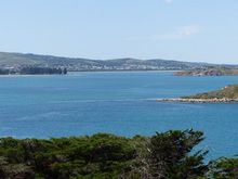 View from below the bluff toward town and Granite Island ( and bridge to island) 