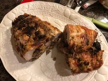 
Almost forgot to take the picture,.  Remembered as I was cutting it and called to DS2 to take one quick!   It was rather impressive looking coming out of the oven but I would not make i it again. 