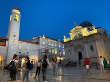 Nighttime at the Clock Tower end of the Stradun, with Church of St. Blaise.  Dubrovnik.