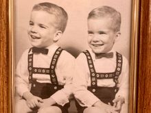 Me on the right (I think). Actually you can tell us apart by the hair parts. They are on opposite sides typical of identical twins. He started out as left-handed but they made him right handed to be like his (7 minute older) big brother,  lol.