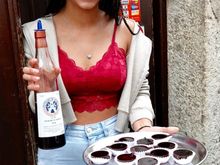 Sour cherry liqueur served in a small chocolate cup!