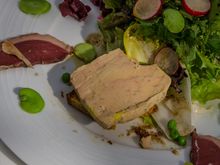 Meal @ Clos Sainte Cecile restaurant. The seed pod at top left was one of a smazzillion that kept falling from trees maple-like, at that time of year.