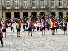 Bikers in the main square in front of the Cathedral celebrating completion of the Camino Way.