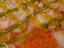 Close up of the carpaccio of carabinero shrimp, with the red globules of trout roe....I never knew that trout roe could be so fantastic, texture-wise and taste-wise!!