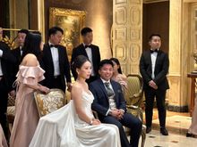 Wedding party in the lobby of Hotel Orfila, on a Tuesday morning