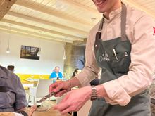 Portioning out the chestnut bread stuffed with chicharrones and Galcian cheese--my partner could not get enough of this!