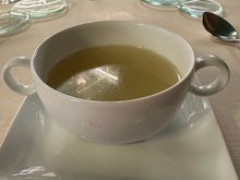 Complimentary entrante--delicious Caldo Gallego in consome form.  Lovely!