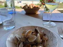 Berberechos, cockles, with a mildly garlicky sauce.
I forgot to snap a photo of the leek with "calabaicin" sauce, but it was very nice.  Look at the color of that water in the background.   People were dining here in shorts, t-shirts, and flip flops...