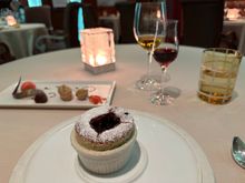 Pistachio soufflé with chocolate sauce. 