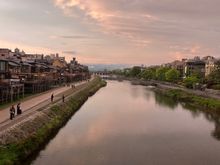 View from the Shijo Bridge crossing the Kamogama River - on our way to dinner