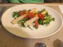 A salad of white asparagus, greens, mango and tomatoes.  Perfectly dressed and absolutely delicious.  