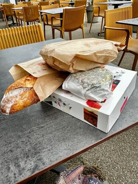 Our goodies. Roasted chicken, baguette natural, goat cheese and salami