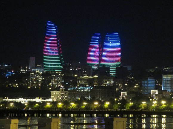 Flame Towers at Night, Lit in Azerbaijan’s National Colors