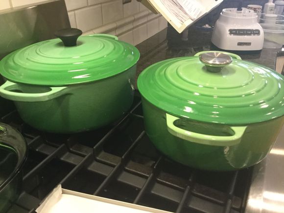 
They don’t look that different in the picture but one  is much bigger.  I wish their knobs were the same color but at least it helps me tell the lids apart. 