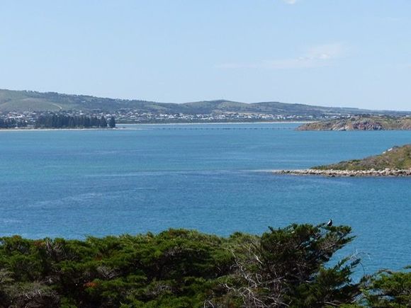 View from below the bluff toward town and Granite Island ( and bridge to island) 