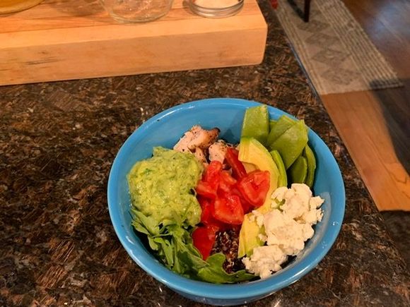 Red quinoa, arugula, grilled chicken, snap peas, goat cheese, tomatoes. avocado amd the lime cilantro dressing.