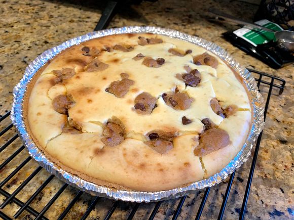 A chocolate chip cookie dough cheesecake! She hasn’t made one of these in forever. So good. It will go nicely with the pork chops I will be grilling for dinner. Ziggy, do you have a special rub to suggest?