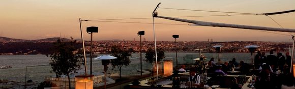 Swiss hotel rooftop at sunset 