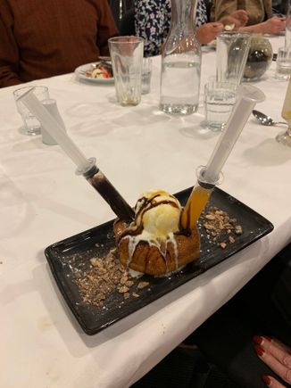 Yep, the injectable chocolate and caramel donut dessert from last night. 