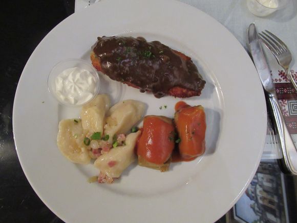 Chicken Kiev,  Pyrogies, and Cabbage Rolls. The chicken was so thick, I took half of it home.  Very Good.