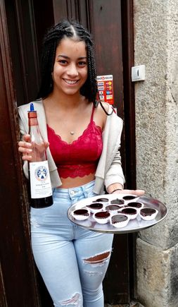 Sour cherry liqueur served in a small chocolate cup!