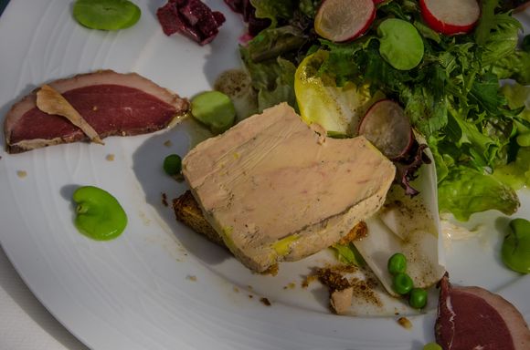 Meal @ Clos Sainte Cecile restaurant. The seed pod at top left was one of a smazzillion that kept falling from trees maple-like, at that time of year.