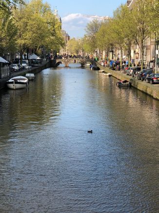 one of the dozens of canals. People and bikes galore on the streets of Amsterdam.