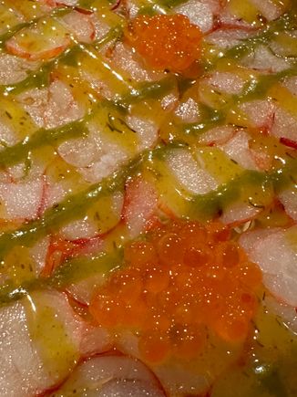 Close up of the carpaccio of carabinero shrimp, with the red globules of trout roe....I never knew that trout roe could be so fantastic, texture-wise and taste-wise!!